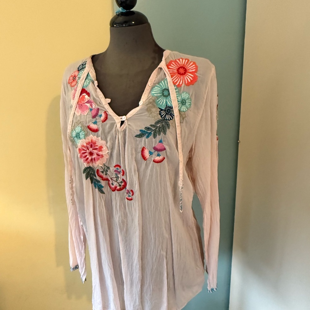 Johnny Was light pink Embellished Tie Front Tunic